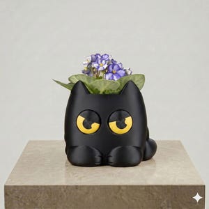 Puede incluir: Una maceta de color negro mate con forma de gato que presenta grandes ojos amarillos redondos con pupilas negras. La maceta contiene una pequeña planta con flores de hojas verdes y pétalos morados y blancos, situada en la abertura superior.