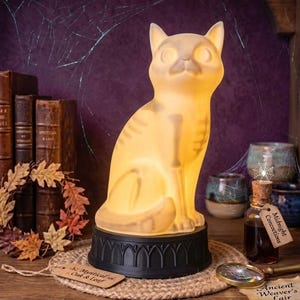 May include: A translucent, glowing cat-shaped lamp with a visible skeletal structure, seated on a black, arched base. The lamp emits a warm, soft light, highlighting the feline form and internal bone details against a dark, textured background.