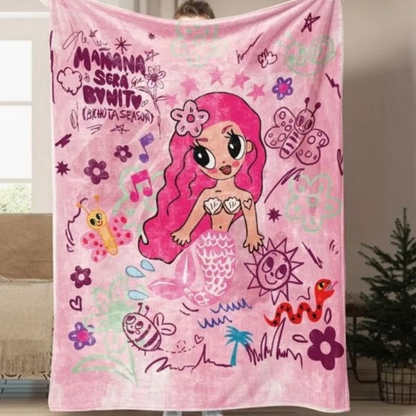 Karol G Little Mermaid Blanket, Manana Sera Bonito Blanket, Mañana Será Bonito, Karol G Bichota Season Blanket, Pink Hair Blanket