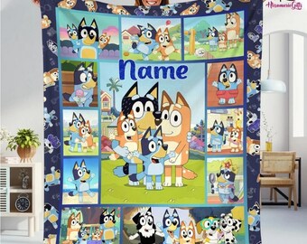 Personalized Bluey Blanket, Bluey Family Soft Cozy Fleece Blankets, Bluey Birthday Blanket, Bluey Family Blanket for Kid, Mother Blanket