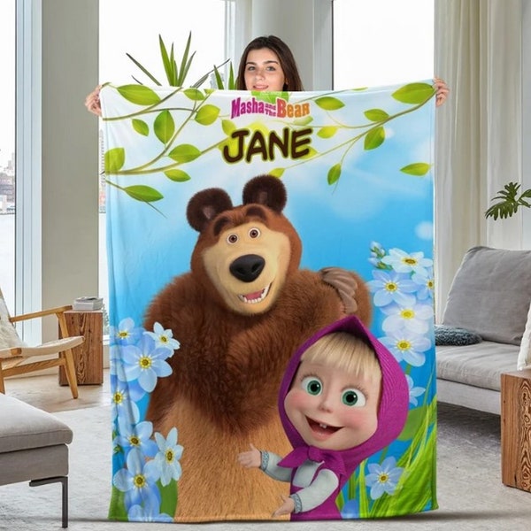 Manta personalizada de Marsha y el oso, nombre personalizado Marsha y la manta familiar de cumpleaños del oso, decoración de ropa de cama, manta de dibujos animados lindo