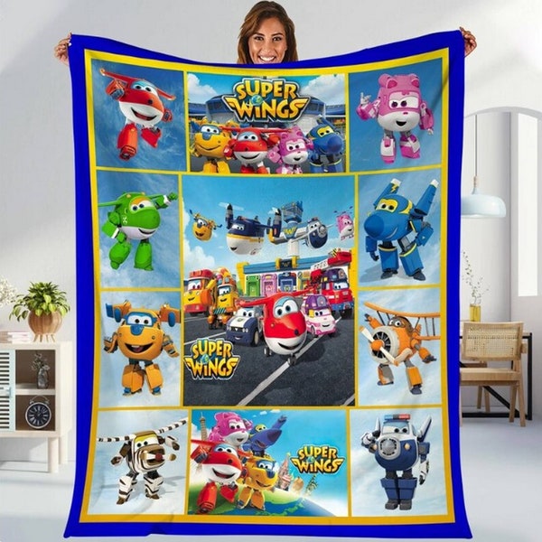 Super Wings Fleece Blanket, Chase, Remi, Jett, Paul, Sky, Roy Blanket, Super Wings Cartoon Throw Blanket for Bed Couch Sofa, Air Plane Lover