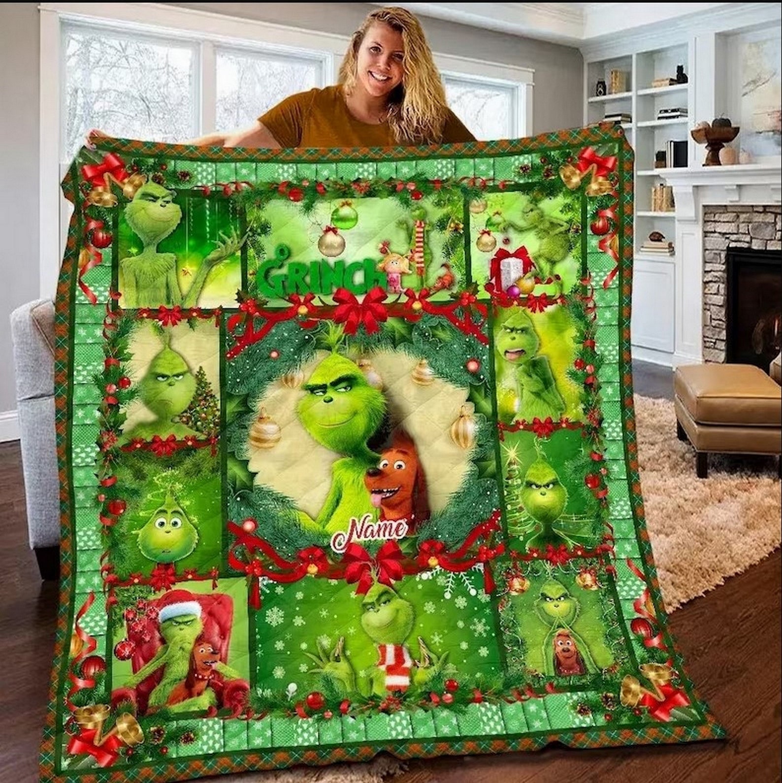 Custom Grinch Christmas Quilt Blanket, Grinch Bedding Set, Grinch Kids