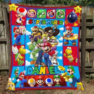 Personalized Super Mario Quilt Blanket, Mario Series Fleece Blanket, Super Mario Birthday Gifts, Super Mario Gifts Christmas For Kids
