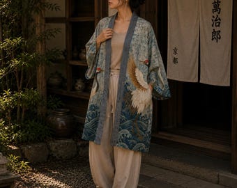 Cardigã Kimono Japonês com Estampa de Garça, Roupão de Algodão com Estampa de Ondas do Oceano, Saída de Praia Leve