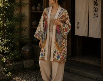 Kimono-Cardigan aus Baumwolle mit japanischem Phönix-Blumenmuster, leichter Boho-Strandüberwurf