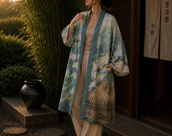 Japanese Crane Ocean Wave Cotton Kimono Cardigan, Lightweight Boho Beach Cover Up