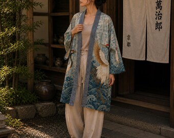 Japanese Crane Kimono Cardigan, Ocean Wave Cotton Robe, Lightweight Beach Cover Up