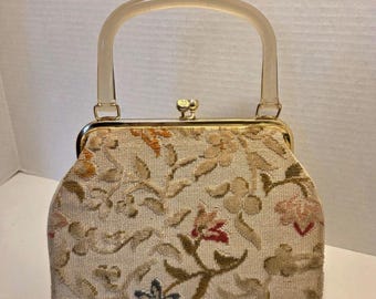 Vintage 50s or 60s Floral Velvet Textured Tapestry Handbag/Carpet Bag with Lucite Handle