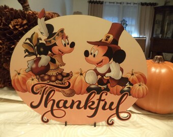 Mickey & Minnie Mouse "Thankful" hanging plaque with stand