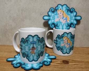 Alice in Wonderland Mugs and coasters  8 piece set