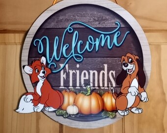 NEW!  Fox & the Hound "Welcome Friends" Autumnal hanging plaque