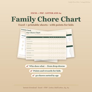 Family Chore Chart Printable | Editable Excel Chore Chart for Kids with Points and Reward System | Weekly Chore List, Letter and A4 PDF