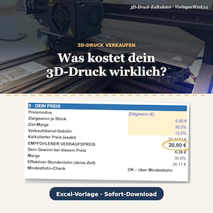 May include: A 3D printer with a digital calculator overlay titled 3D-Druck-Kalkulator VorlagenWerk24. The text reads 3D-DRUCK VERKAUFEN Was kostet dein 3D-Druck wirklich? Below is a table showing pricing data with EMPFOHLENER VERKAUFSPREIS 20,90 € circled.