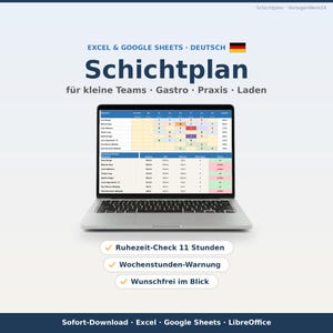 Könnte beinhalten: Ein Laptop-Bildschirm zeigt eine digitale Schichtplan-Vorlage für Excel und Google Sheets mit dem Titel Schichtplan. Die Benutzeroberfläche enthält farbcodierte Zellen, Mitarbeiternamen und eine Stundenübersicht sowie drei Checklisten-Punkte.
