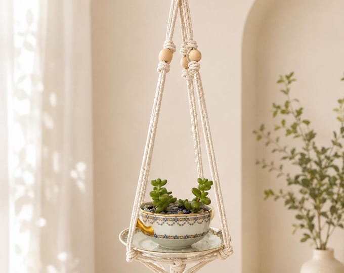 Hanging succulent in antique tea cup with macrame hanger