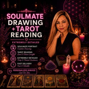 Może przedstawiać: Grafika promocyjna usługi rysowania bratniej duszy i czytania tarota. Tekst brzmi: SOULMATE DRAWING + TAROT READING, EXTREMELY DETAILED, SOULMATE PORTRAIT, TAROT READING, EXTREMELY DETAILED, FAST DELIVERY, PERSONALIZED SERVICE.