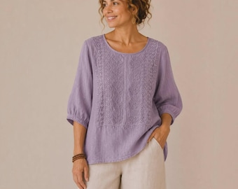 Embroidered Linen Cotton Tunic Top | Boho 3/4 Sleeve Cottage core Blouse