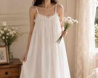 French Style Cotton Nightgown, White Spaghetti Strap Sleep Dress, Knee Length Summer Sleepwear
