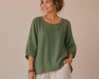 Embroidered Linen Cotton Tunic Top | 3/4 Sleeve Boho Blouse