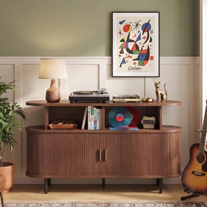 Mid Century Modern Vinyl Record Cabinet, Walnut Turntable Stand with Sliding Doors, Media Console