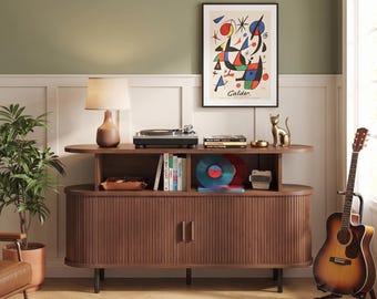 Mid-century modern vinylplatenkast, walnotenhouten draaitafelstandaard met schuifdeuren, mediaconsole