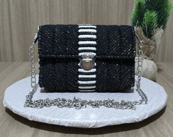 Sac bandoulière en coton scintillant | Pochette noire tissée avec chaîne | Sac à main fait main