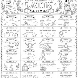 Puede incluir: Un cuadro educativo en blanco y negro titulado Classical Conversations Cycle 3 Latin All 24 Weeks. La cuadrícula presenta veinticuatro casillas, cada una con vocabulario en latín, traducciones al inglés y dibujos lineales para cada semana.