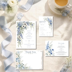 May include: A wedding stationery set featuring a main invitation, RSVP card, details card, and thank you note. Each piece is decorated with watercolor blue hydrangeas, white anemones, and green foliage. The text includes names, dates, and event details.