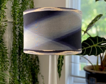Japanese kimono silk lampshade pendant table lamp bedside light mid century modern lovers woven ikat in shades of blue with trim detail