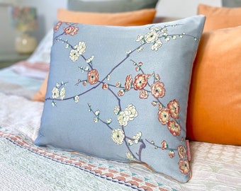 Elegant cushion pillow in a hand painted cherry blossom 'sakura' cream, pink, & pale blue made from rare Japanese kimono silk + pink velvet