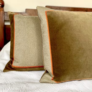 Metallic Bronze Silk Cushion: Orange Trim, Olive Velvet, Made in London