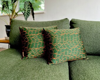 Kimono silk & velvet cushion pillow rare vintage satin silk stylised snakeskin design in  rust orange and dark green + rust velvet reverse