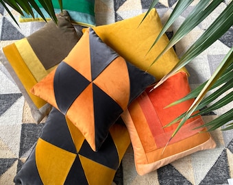 Geometric patchwork diamonds velvet cushions in plush dark grey & pumpkin orange or mustard gold fully cotton lined with zip Made in London