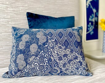 Indigo blue bolster cushion pillow chinoiserie oriental floral made from fine vintage Japanese kimono silk blue velvet reverse textile lover