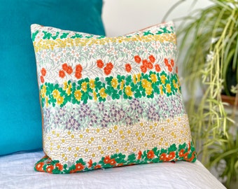 Throw cushion pillow in fresh colourful country floral stripe design made from fine vintage Japanese kimono silk & new lush velvet