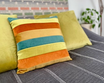 Luxury striped velvet cushion pillow sewn in rust orange, lime green, teal blue and mustard gold fully cotton lined + zip opening home decor