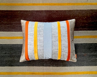 Large artisan cushion pillow, boho, linen, silk & velvet stripes in yellow, grey, orange, mink. Tactile, fully cotton lined with zip opening