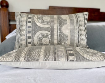 Luxe silk bolster cushion pillow made from rare vintage Japanese obi belt woven in shades of silver & grey metallic, oriental, arabesque