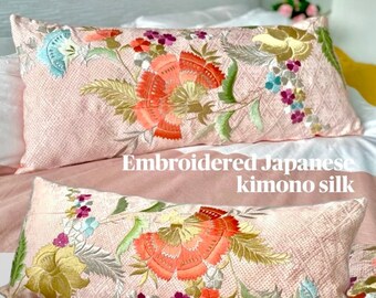 One off embroidered bolster cushion pillow made from back panels of a rare vintage Japanese Kimono silk oriental floral in pink, blue, gold