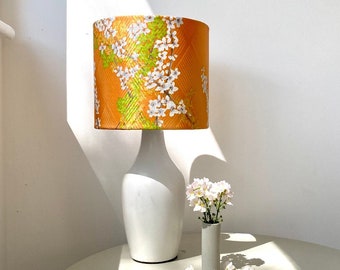 Artisan Japanese kimono silk lampshade in a delicate chinoiserie oriental floral orange, lime green & yellow with a matt white ceramic base