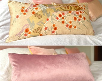 Extra long bolster cushion pillow oriental chinoiserie floral in peach, pink, grey & gold detail made from rare vintage Japanese Kimono silk