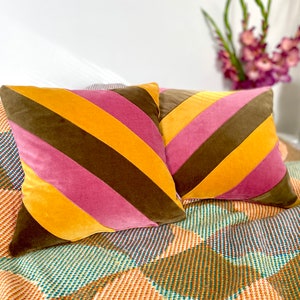 Mid-Century Velvet Cushion: Mustard, Rose, Olive Diagonal Stripes
