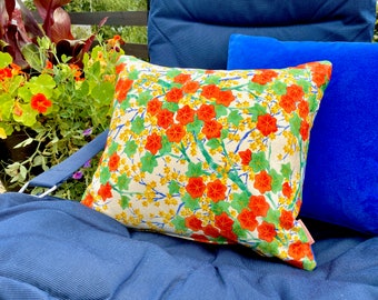 Bright floral cushion pillow made from fine vintage Japanese kimono silk painterly nastertium flowers orange green & electric blue velvet