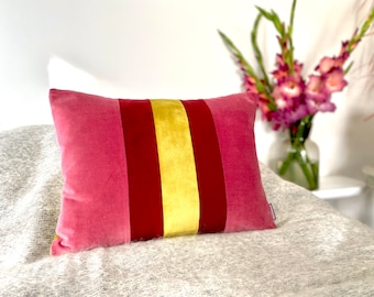 Luxury striped velvet bolster cushion pillow horizontal stripes in antique rose pink, burgundy red and chartreuse green fully cotton lined