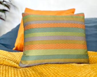 Decorative cushion pillow in colourful stripe with pattern detail made from rare vintage Japanese kimono silk & velvet in blue green orange