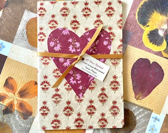 A5 Plain notebook notepad covered in hand block printed Indian papers with gold details and heart cover, gift, sending love, valentine's