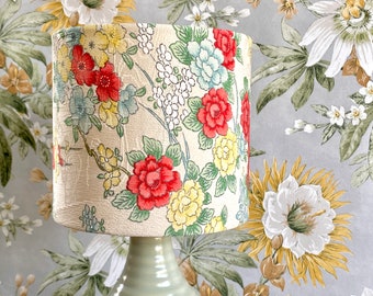 Vintage Japanese kimono silk lampshade table lamp delicate chinoiserie floral in blue, lemon, red & cream with pale mint green ceramic base