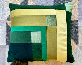 Mid Century Modern, Bauhaus, 70's inspired green velvet cushion in bold geometric patchwork fully cotton lined with zip opening Made London