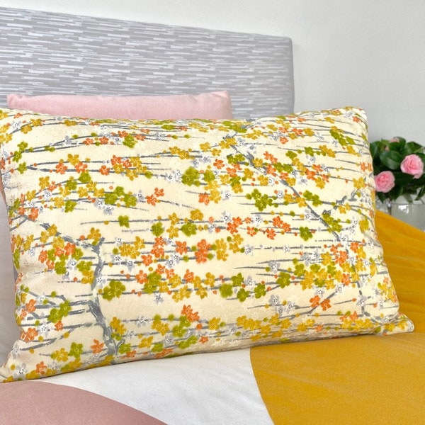 Spring cushion pillow fresh chinoiserie blossom floral in orange, lime green, yellow, made from fine vintage Japanese kimono silk & velvet